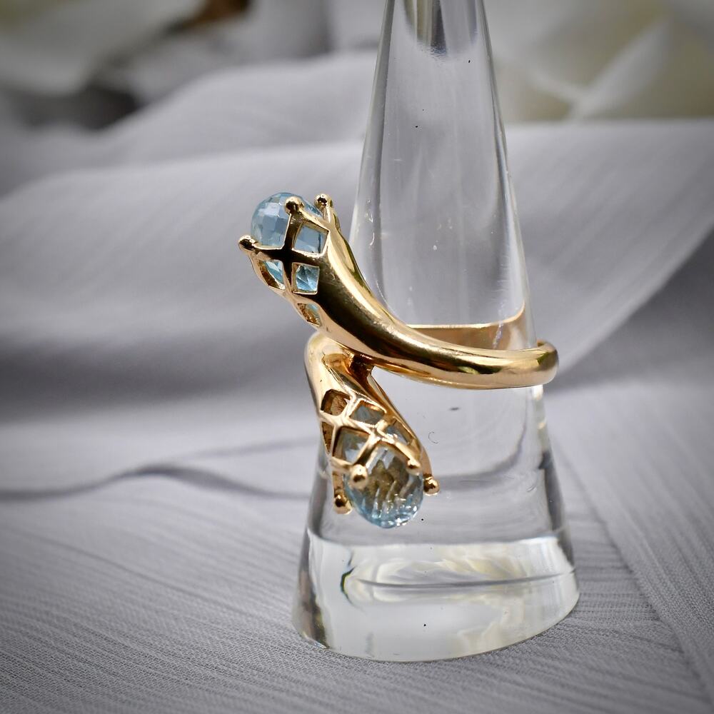 Vintage 14k Gold Blue Topaz Bypass Ring Heavy Retro Pear Cocktail Size 7 - Picture 9 of 14